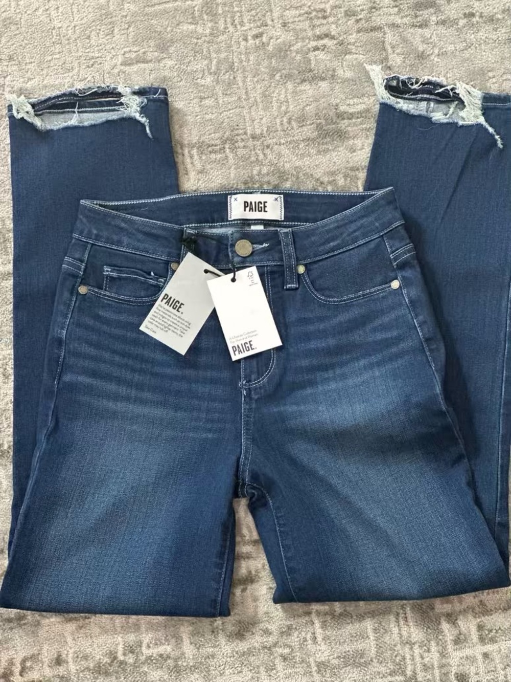 PAIGE Dark Blue Distressed Cropped Ankle Jeans